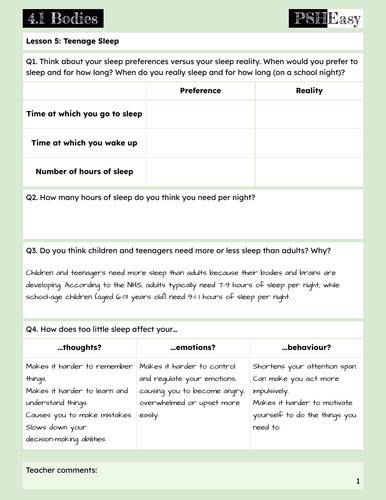 4.1.5 Teenage Sleep Lesson Pack | Teaching Resources