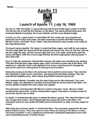 Apollo 11: Launch of Apollo 11: July 16, 1969 “Article & Questions