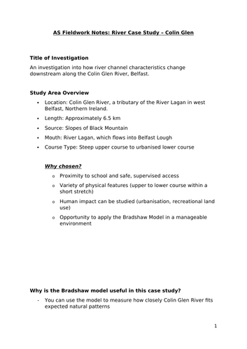 CCEA AS Level Geography Fieldwork Notes – Colin Glen River Study ...