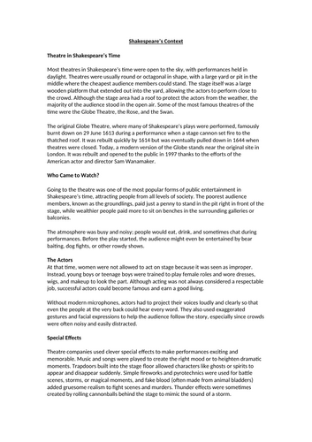 Shakespeare's Context Worksheet