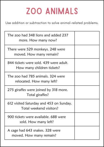 Addition and Subtraction Word Problems Within 1000 Worksheets for Grade 1, 2, 3