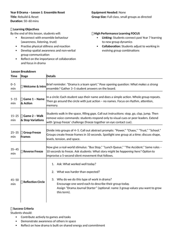 Year 8 Drama Scheme of Work | Ensemble Building & Performance Skills | 8 Ready-to-Teach Lessons