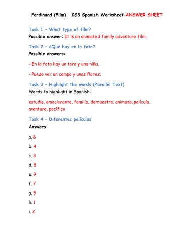 Ferdinand – KS3 Spanish Film Worksheet | Teaching Resources