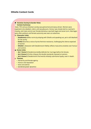 Pearson EdExcel Othello Context cards | Teaching Resources