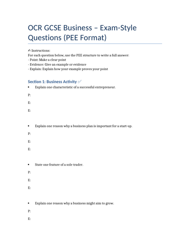 OCR GCSE Business Paper 1 (PEE) Style Questions and Answers | Teaching ...