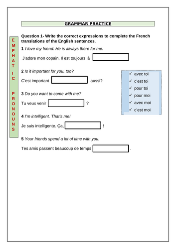 AQA GCSE French – Year 11 Grammar Worksheet: Module 2- Mon clan, ma tribu- WORKSHEET | FOUNDATION