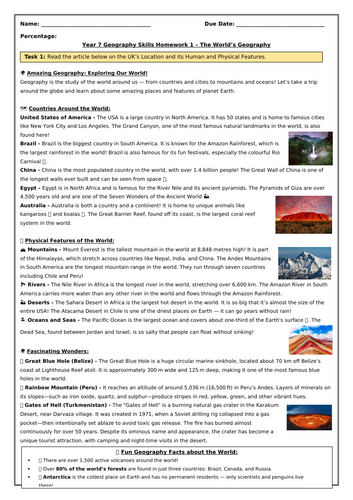 Map Skills Homework 1 The World's Geography