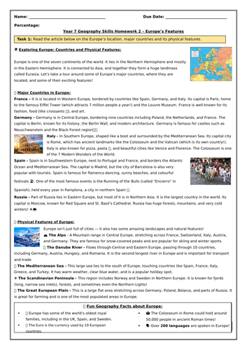 Map Skills Homework 2 Europe's Features