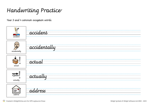 Handwriting Practice Pack for Year 3 and Year 4 – With Widgit Symbols