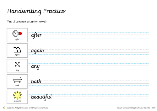 Handwriting Practice Pack for Year 2 – With Widgit Symbols