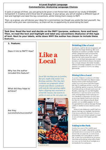 EDUQAS A Level English Language Creative/Critical - Analysing & Commenting on  a Travel Guide