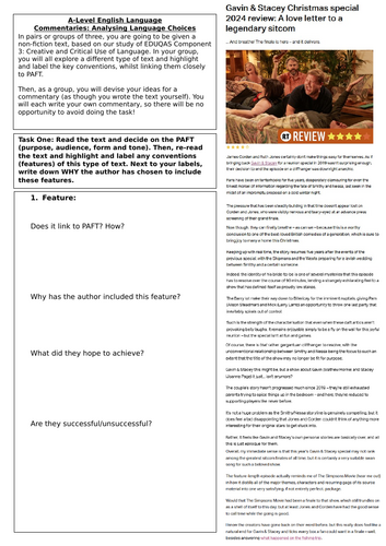 EDUQAS A Level English Language Creative/Critical - Analysing & Commenting on a Review