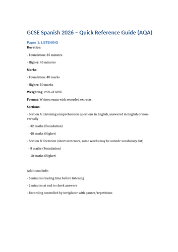 GCSE Spanish 2026 – Quick Reference Guide (AQA) FREE Printable