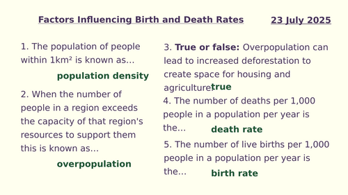 Y8 Population: factors influencing birth and death rates