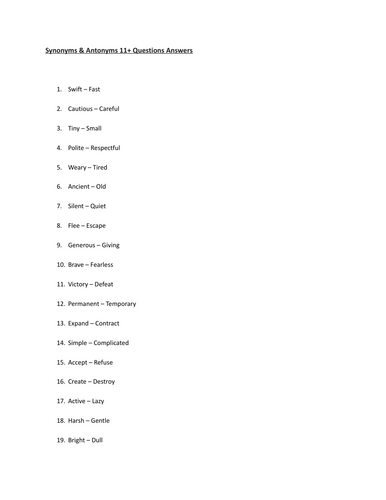 Synonyms & Antonyms 11+ Questions Answers | Teaching Resources