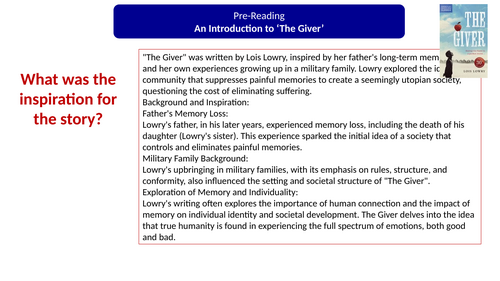 The Giver – Pre-Reading Activities & Knowledge Organiser (Editable PowerPoint)