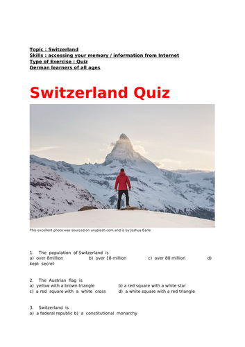 A quiz about Switzerland for learners of German of ages !