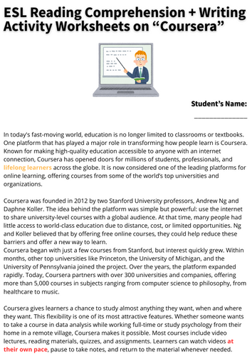 ESL Reading Comprehension + Writing Activity Worksheets - Coursera - E ...
