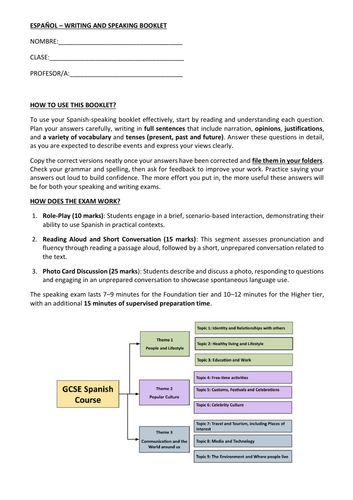 GCSE Spanish Speaking & Writing Booklet 2026 | Teaching Resources