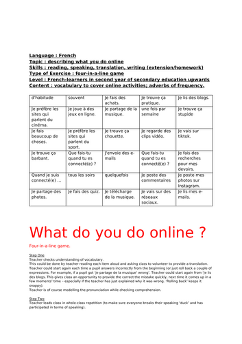 French, online activities, game (four-in-a-line)