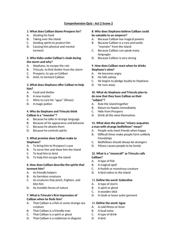 The Tempest - Act 2 Scene 2 Multiple Choice Quiz