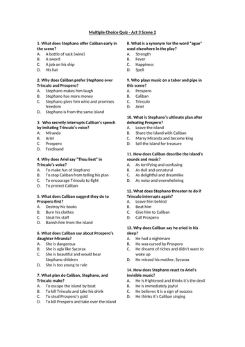 The Tempest - Act 3 Scene 2 Multiple Choice Quiz
