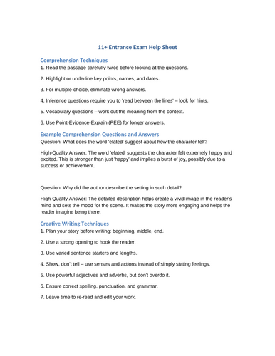 11+ English help sheet