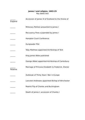 Key dates test - James I and religion (OCR A-level history Unit Y108 ...