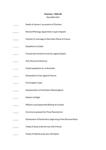 Key dates test - Charles I 1625-1640 (OCR A-level history Unit Y108 ...