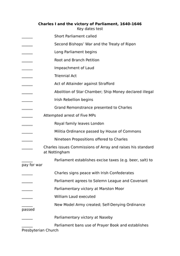 Key dates test - Charles I and the victory of Parliament (OCR A-level ...