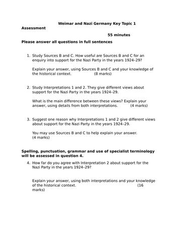 EDEXCEL GCSE HISTORY WEIMAR AND NAZI GERMANY KEY TOPIC 2: HITLER'S RISE ...