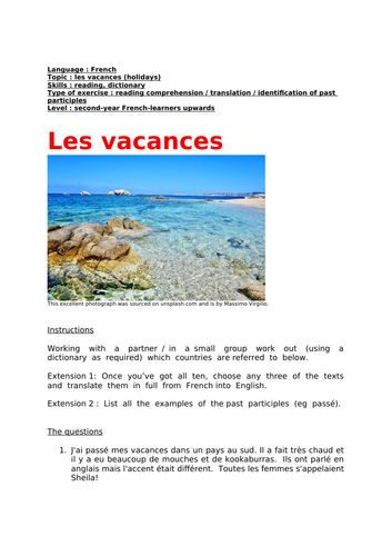 French, les vacances (holidays), reading comprehension/translation/identify past participles