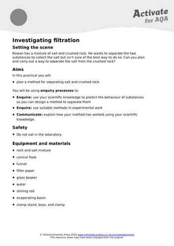 Year 7 SOW on mixtures lesson 5 on filtration all practical sheets ...