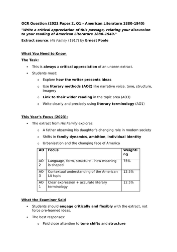 OCR A Level English Lit Unseen American Extracts – Complete Scheme of ...