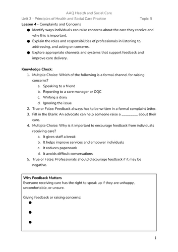 BTEC AAQ Health and Social Care - Unit 3 - Aim A (M1 Lessons ...
