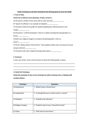 War Photographer by Carol Ann Duffy Worksheet | Teaching Resources