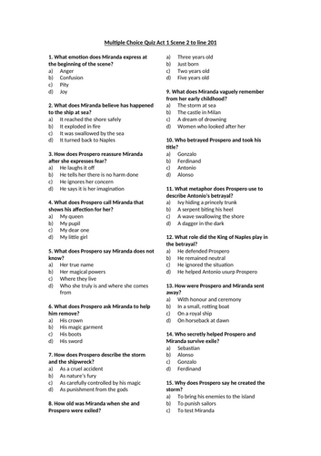The Tempest - Act 1 Scene 2 to line 201 Multiple Choice Quiz