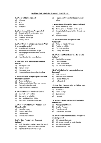 The Tempest - Act 1 Scene 2 line 338 - 451 Multiple Choice Quiz