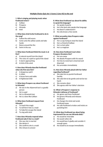 The Tempest - Act 1 Scene 2 Line 452 to the end Multiple Choice Quiz