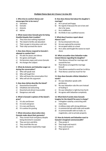 The Tempest - Act 2 Scene 1 to line 201 Multiple Choice Quiz
