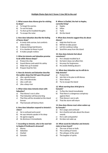 The Tempest - Act 2 Scene 1 Line 201 to the end Multiple Choice Quiz