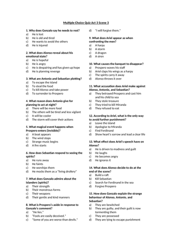 The Tempest - Act 3 Scene 3 Multiple Choice Quiz