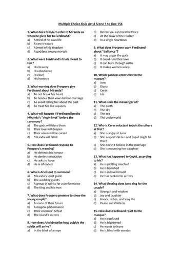 The Tempest - Act 4 Scene 1to Line 154 Multiple Choice Quiz