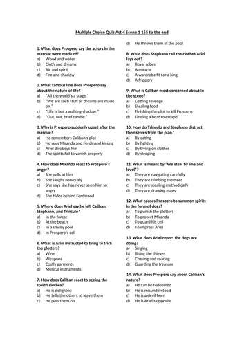 The Tempest - Act 4 Scene 1 Line 155 to the end Multiple Choice Quiz