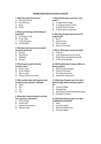 The Tempest - Act 5 Scene 1 to line 66 Multiple Choice Quiz