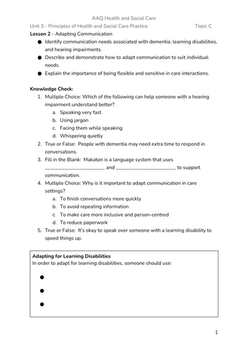 BTEC AAQ Health and Social Care - Unit 3 - Aim A (P2 Lessons ...