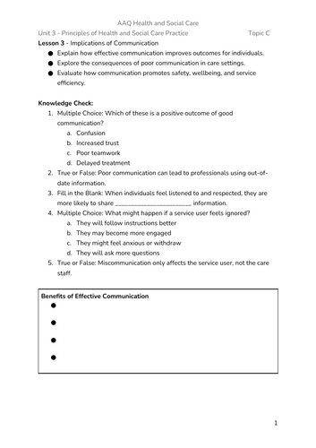 BTEC AAQ Health and Social Care - Unit 3 - Aim A (P2 Lessons ...
