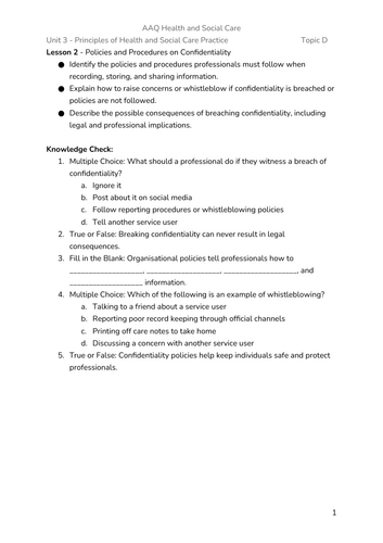 BTEC AAQ Health and Social Care - Unit 3 - Aim A (P3 Lessons ...