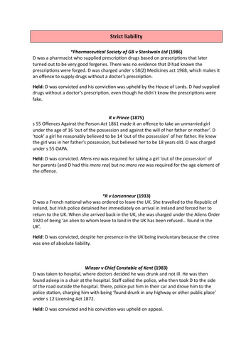 Strict Liability Case And Statute List For Aqa A Level Law Teaching