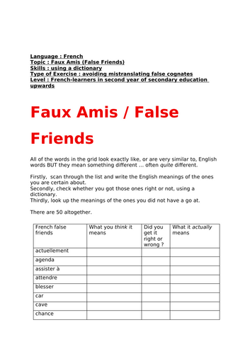 French, Faux Amis (False Friends), dictionary skills